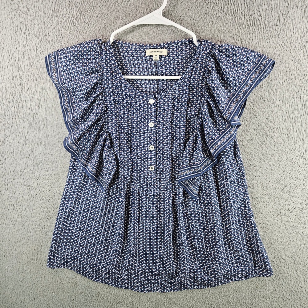 Max Studio Womens XS‎ Navy Blue Geometric Flutter Sleeve Button Front Blouse